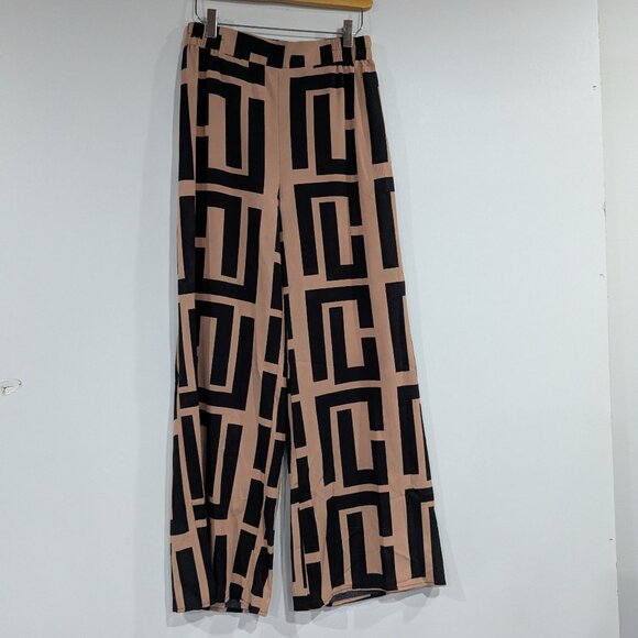 Unbranded Geometric Print Wide Leg Pants Beige Black Size Medium - Picture 1 of 7